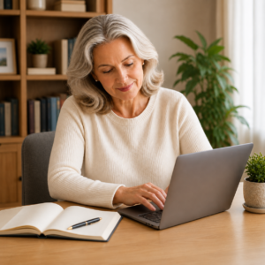 Older woman author looking at laptop.