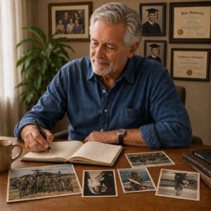 Older male memoir author writing in a journal, with old photos on desktop